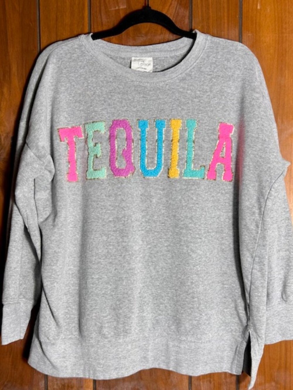 Salty Lemon Tequila Colorful Applique Gray Crewneck Sweatshirt Womens Sz Med